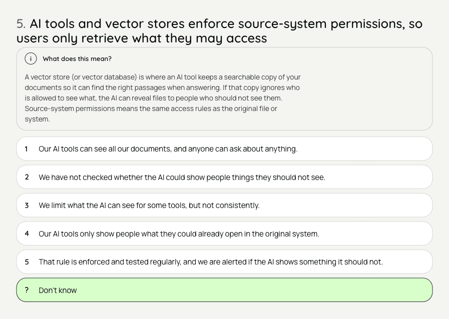 A sample survey question about AI tools and vector stores, with a plain-English explanation open above five answers written for that question and a Don't know option.